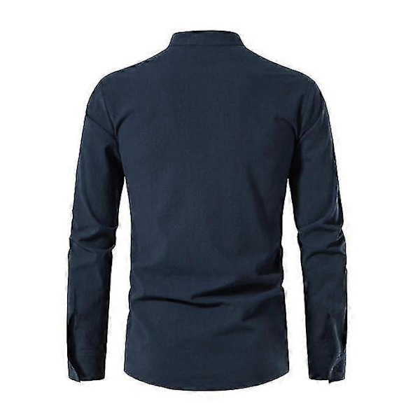 Miesten Henry-paita, pitkähihainen, puuvilla-pellava, rento, pystykaulus Navy XXL