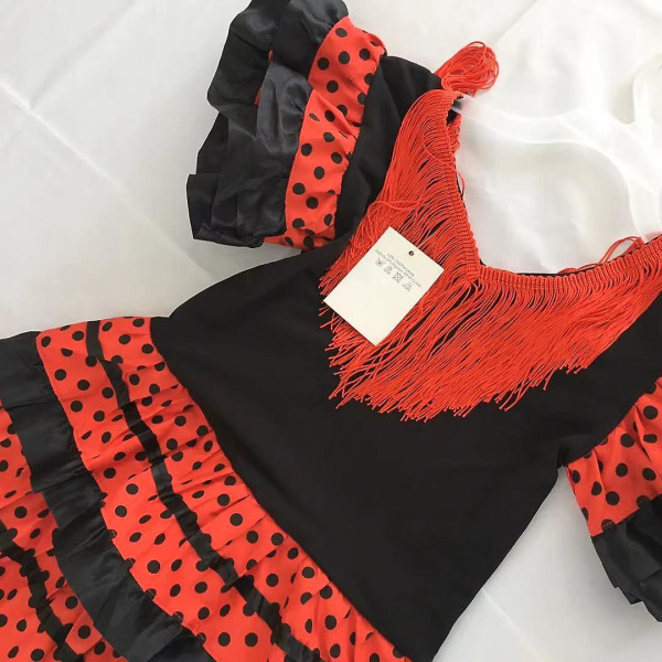 Tjejklänning Vacker spansk flamencodansarkostym Barn Red Black Frills XL(10-12 Y)