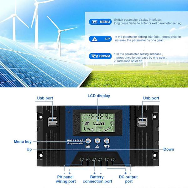 Solar Laderegulator 12V 24V 50A MPPT Auto Solcellepanel Regulator Solregulator med LCD-skjerm Passer for Små Solcelleanlegg