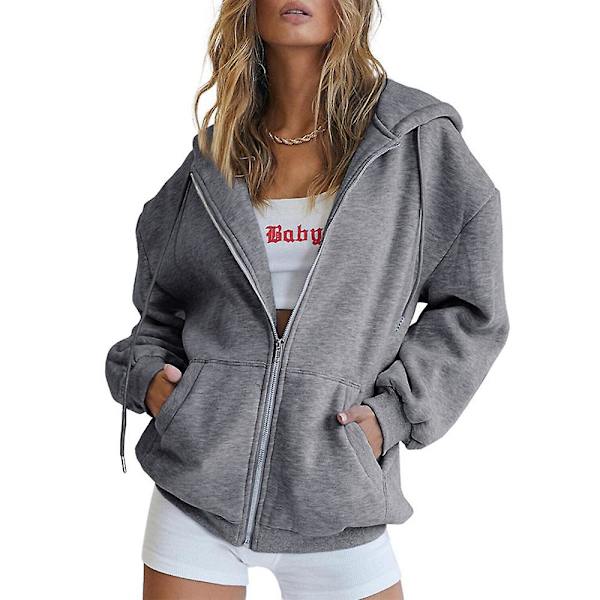 Dame Ensfarvet Afslappet Hættejakke Langærmet Fuld Lynlås Snøre Hættetrøjer Frakke Dark Grey 2XL
