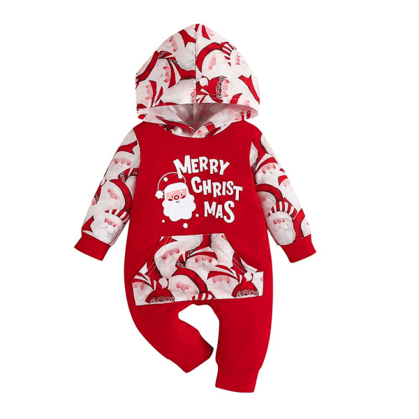 Baby flicka Barn 1:a jul God jul Hooded Långärmad Jumpsuit Bodysuit One Piece Romper Outfit Red 12-18M