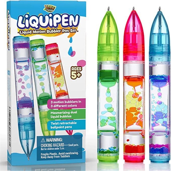 Liquipen - 3st Liquid Motion Bubbler Pennor Sensory Toy - Färgglada timerpennor för stress & ångestlindring - Coola fidget toys för barn Vuxna