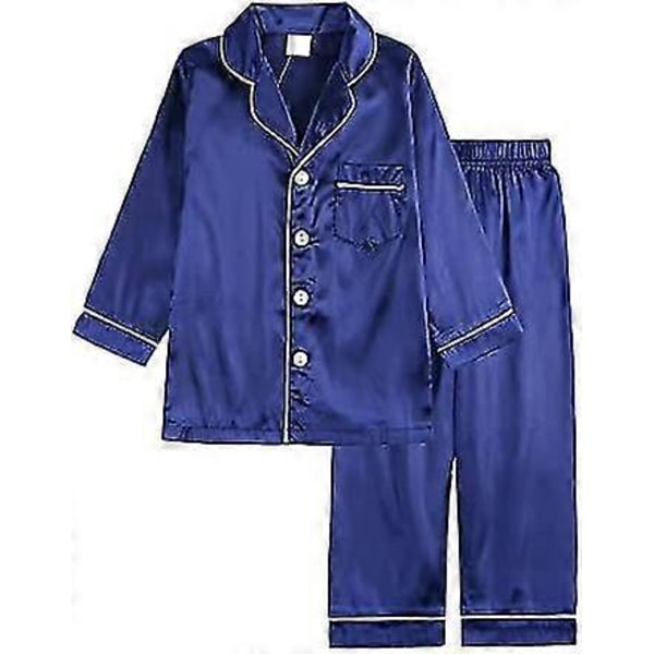 Barn Småbarn Baby Flicka Pojke Satin Pyjamas Set Lång Kort Ärm Knäppning Pyjamasskjorta Topp+byxor Underdelar Sovkläder Outfits Blue 1-2 Years
