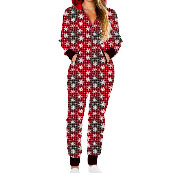 Print för kvinnor i ett stycke pyjamas med huva. Julbekväma pyjamas med fickor Snowflake Plaid 2XL