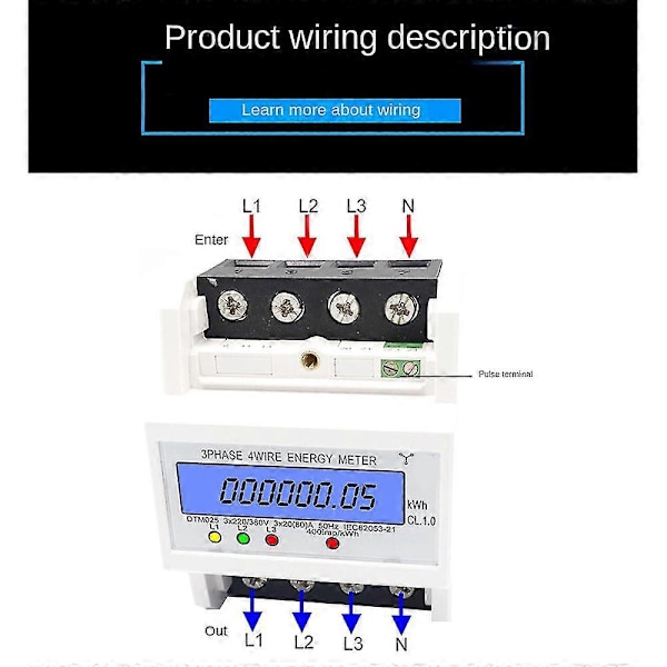 DIN-skena 3-fas 4-tråds elektronisk wattförbrukningsmätare wattmätare kWh 5-80a 380v LCD-bakgrundsbelysning