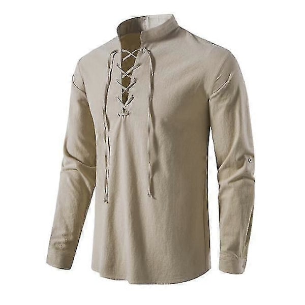 Miesten Henry-paita, pitkähihainen, puuvilla-pellava, rento, pystykaulus Khaki XXL