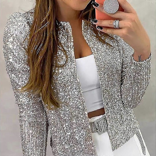 Cardigan for kvinner, langermet, skinnende paljettjakke, åpen front, avslappet damejakke Silver XL