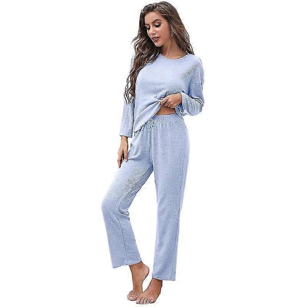 Pyjamas Set Dam Långärmad Sovkläder Loungewear Mjukt Pyjamasset Blue S
