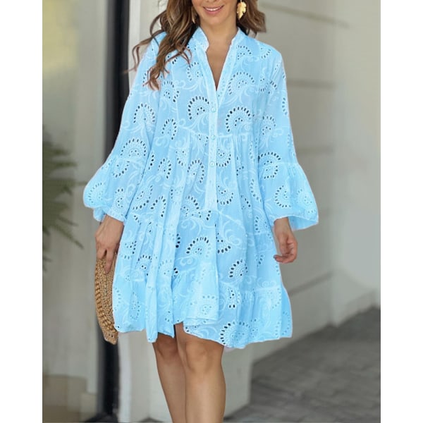 Sommar Elegant Retro Spetsklänning V-ringad Lös Ihålig Sexig Klänning Sky Blue XXXL