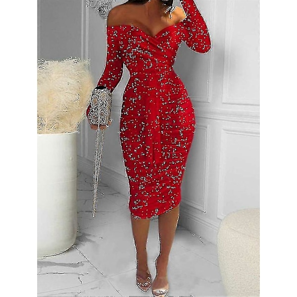 Dam Julklänning Paljettklänning Kort Miniklänning Blå Röd Svart Långärmad Älg Snöflinga Enfärgad Paljetter Höst Vinter Off Shoulder Mode Red M