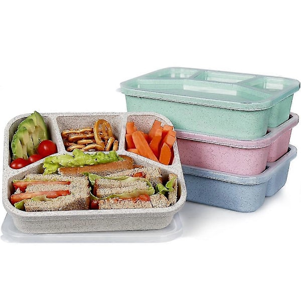 4 Pakker BPA-fri Madpakkebeholdere i Plast med 4 Rum, Genanvendelig Bento Boks til Børn