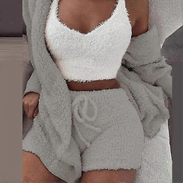 3 st Plysch Pyjamas Set Dam Plysch Väst Kappa Shorts Casual Loungewear Set Grey XL