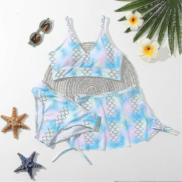 Sommar Tankini Set för Små Flickor, 3 Delar/set, Strand Surf Badkläder 8-12 År, Vadderad Bikini Baddräkt Set för Barn blue pink 130
