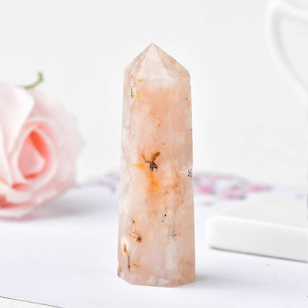 Naturlig Krystal Kvarts Spids Healing Sten Kirsebærblomst Agat Hexagonale Prismer Obelisk Stav Sten