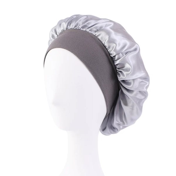 Ny Dam Satin Enfärgad Bredbrättad Sovmössa Unisex Huvudbonad Elastiskt Band Mössa Hårvård Bonnet Nattmössa Gray