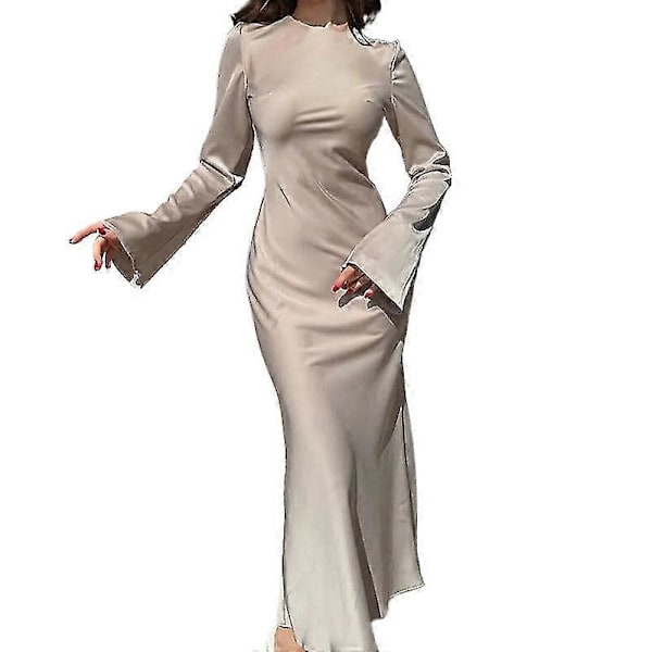 Satin Kjole til Kvinder - Slank Maxi Kjole med Lange Ærmer, Høj Talje, Elegant Ensfarvet Kjole Khaki S