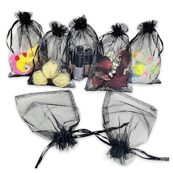 100 stk. Sorte Organza Gaveposer 9x12cm, Mesh Bryllupsgaveposer med Snøre til Smykker Makeup C