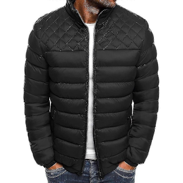 Herr Enfärgad Vardaglig Quiltad Pufferjacka Vinter Varm Ståkrage Jacka Dragkedja Vadderad Basic Ytterkläder Black M