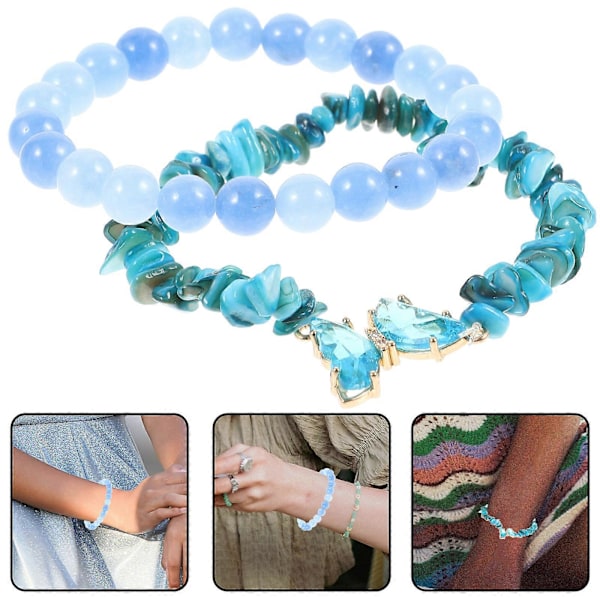 2 stk. Natursten Dame Armbånd Perlearmbånd Sommerfugl Charm Håndarmbånd til Kvinder