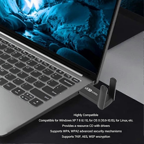 USB3.0 WiFi-adapter 2,4 GHz 5 GHz Dobbel 5Dbi Antenne WiFi Dobbelbåndsnettverksadapter for Windows 11 10 for OS X for Linux