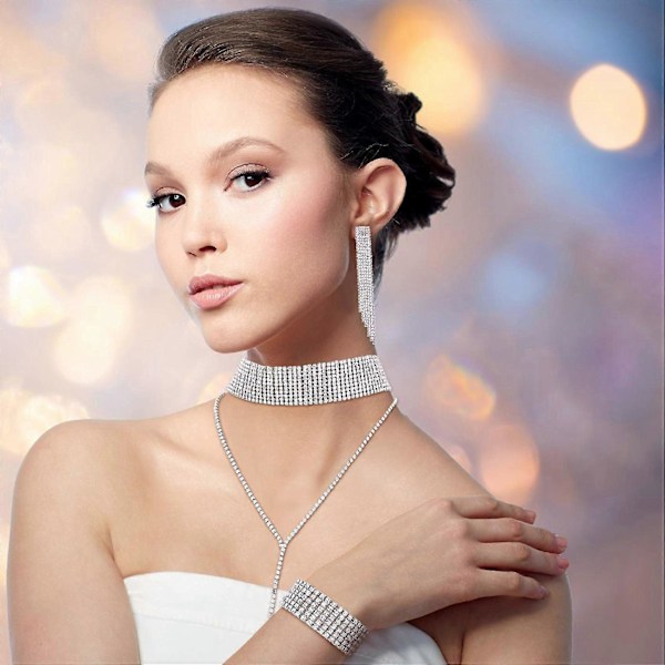 Dame Krystal Smykkesæt Brude Bryllup Rhinestone Choker Armbånd Hænge Øreringe Farve: Guld