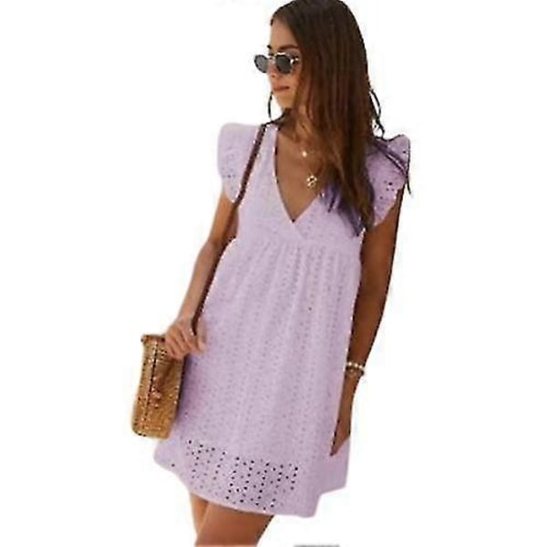 Naisten V-aukkoinen pitsinen lyhythihainen rento lyhyt mekko Pink XL