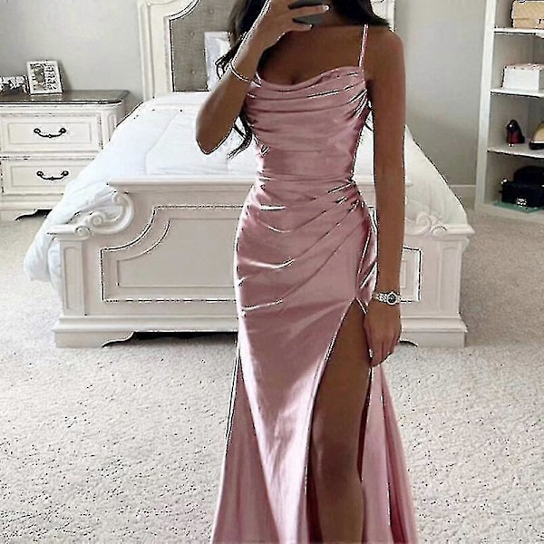 Dame Lang Maxikjole Cowl Neck Aftenkjole Ermeløs Sateng Slip Kjole Fest Hverdagslig Pink XL