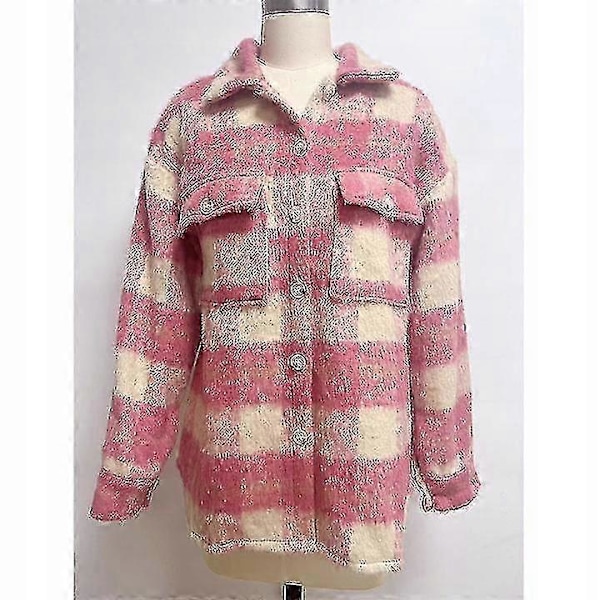 Vinter Ullkappa Casual Rutig Flanell Shacket Jacka Överdimensionerad Knapp Ned Långärmad Höst Skjorta Jacka Kappa Toppar Jacka Kvinnor PINK XL