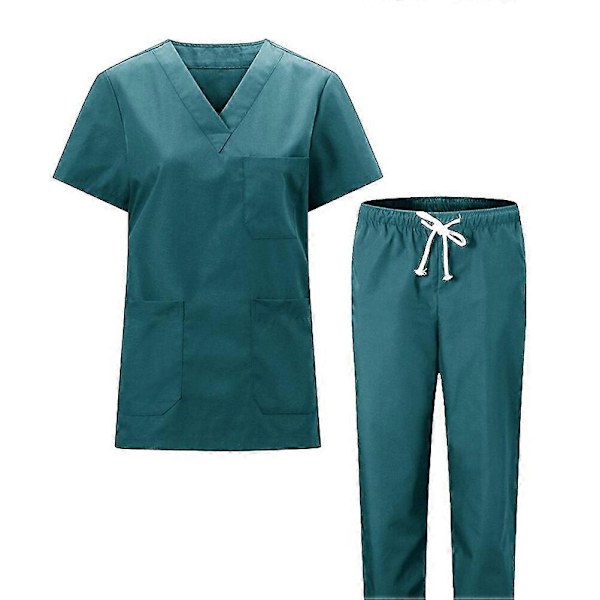 1 Sett med sykepleieruniform, bomullsklær, kort erme og bukser - Størrelse L (Mørkegrønn med 1 lomme eller 3 lommer for tilfeldig valg)