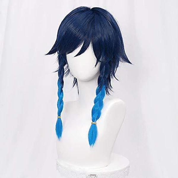 Marinblå peruk för Venti Genshin Cosplay Costume 2 Tone Anime flätat hår peruker