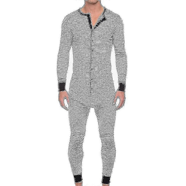 Randiga pyjamas för män, långärmad overall, sovkläder White L
