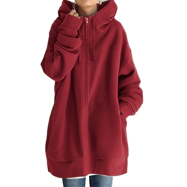 Dam Huva Full Dragkedja Kappa Casual Utomhus Höst Långärmad Jacka Med Ficka Red M