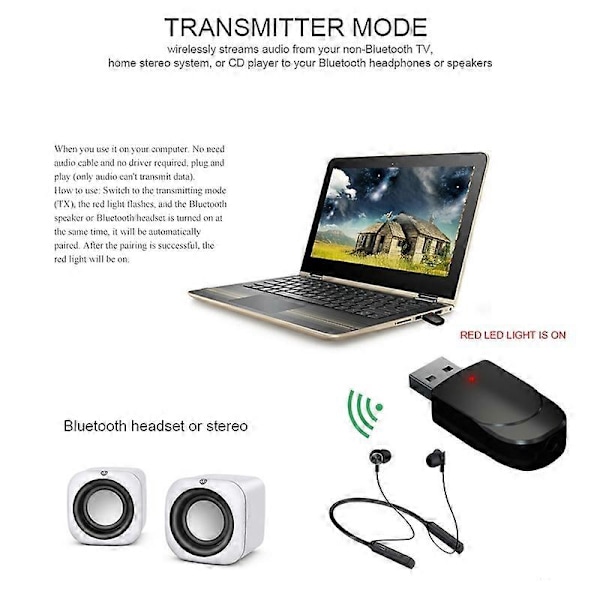 Bluetooth 5.0 Stereo Audio Transmitter Receiver USB 3.5mm AUX Adapter til TV PC
