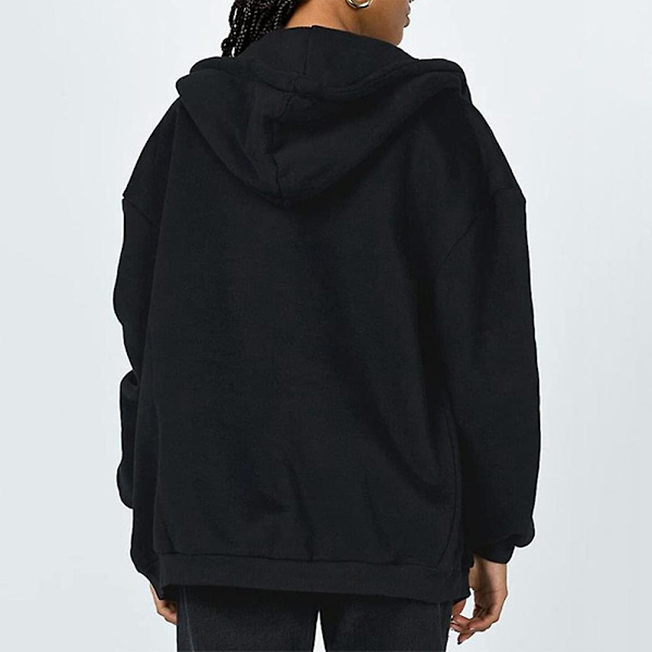 Dame Ensfarvet Afslappet Hættejakke Langærmet Fuld Lynlås Snøre Hættetrøjer Frakke Black XL