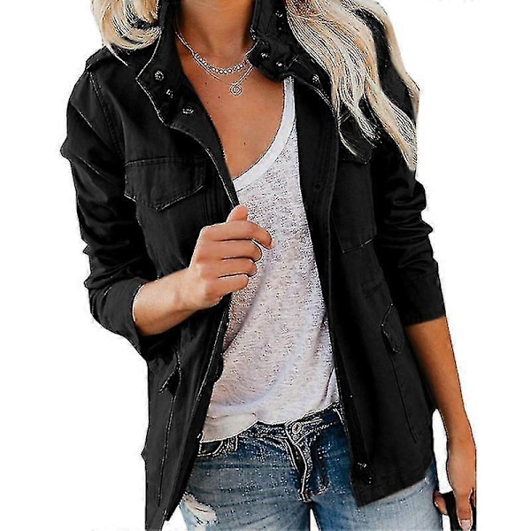 Dame Trykknapper Militærjakke Streetwear Efterårsfrakke Langærmet Utility Jakke 2XL Black