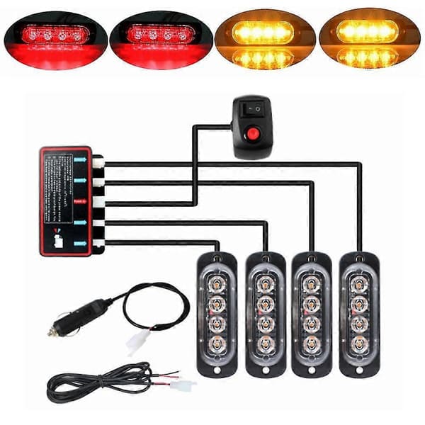 4 stk. 4LED Stroboskoper 12V Strobelys 4 I 1 Bil Nødlys Beacon Nødblinklys (