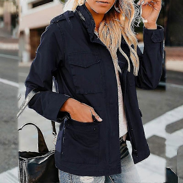 Dam Militärjacka med Tryckknappar Streetwear Höstjacka Långärmad Utility Jacka 4XL Dark Blue