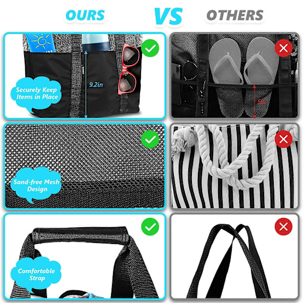 Cabilock Mesh Strandtaske Tote Taske Foldbar Dagligvarepose med Ekstra 6 Udvendige Lommer (Sort)