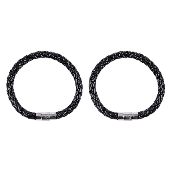 2x Armband i rostfritt stål och läder, Flätat läderarmband, För män och kvinnor, Svart - Bredd 6mm - L
