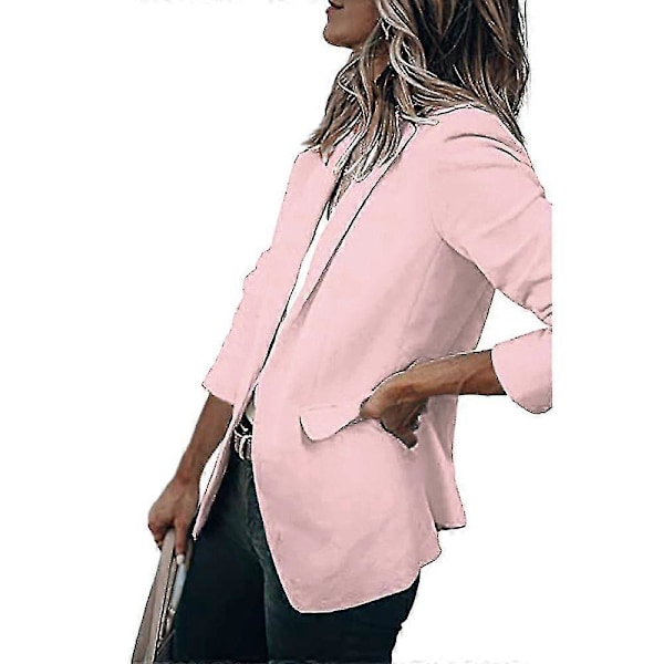 Dame Ensfarvet Åben Front Revers Blazer Langærmet Arbejde Kontor Cardigan Jakke Pink XL