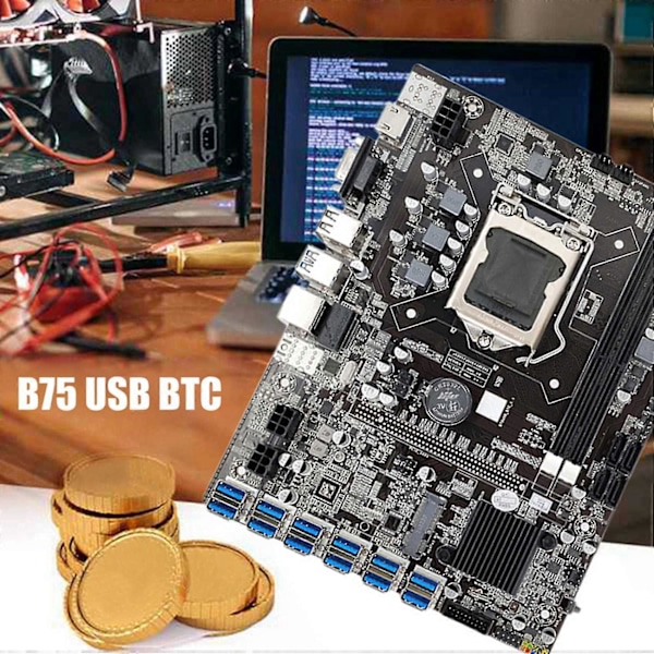 B75 Eth Mining Moderkort+i3 2120 Cpu+sata Kabel Lga1155 12 Pcie Till Usb Adapter Msata Ddr3 B75 Usb