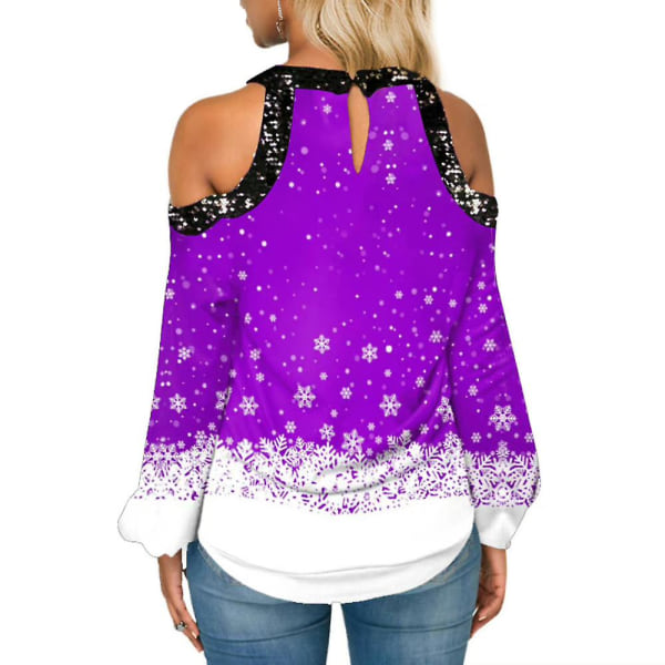 Kvinnor Christmas Snowflake Print T-shirt Xmas Långärmad Cold Shoulder Skjortor Blus Casual Lösa toppar Plus Size Purple 5XL