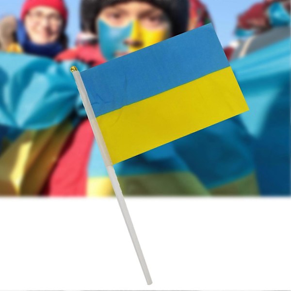 JIKAIX 10 kpl Ukrainan lippuja, haalistumaton pieni polyesteri, elävä värinen Ukrainan käsi-lippu juhlakoristeluun