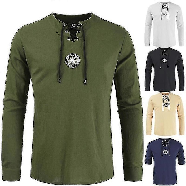Figursydd linskjorte for menn, middelalder tunika piratkostyme green 4XL