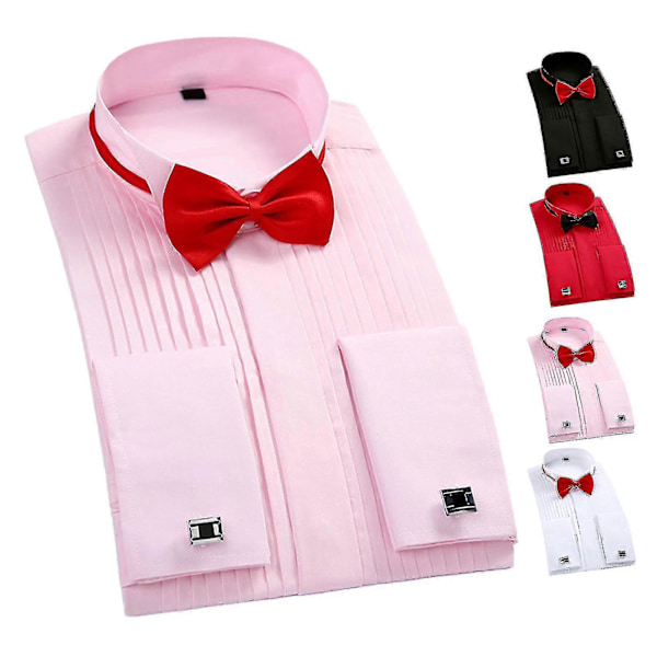 Bröllopsfrackskjorta med vinge, fluga, plisserad skjorta, manschettknappar, långärmad, vanlig topp för män Pink 38