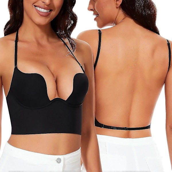 Låg Rygg BH för Kvinnor - Sömlös Djup U Urringning Rygglös BH Konvertibel Multiway Låg Skärning Öppen Rygg BH Halter BH Black 32C