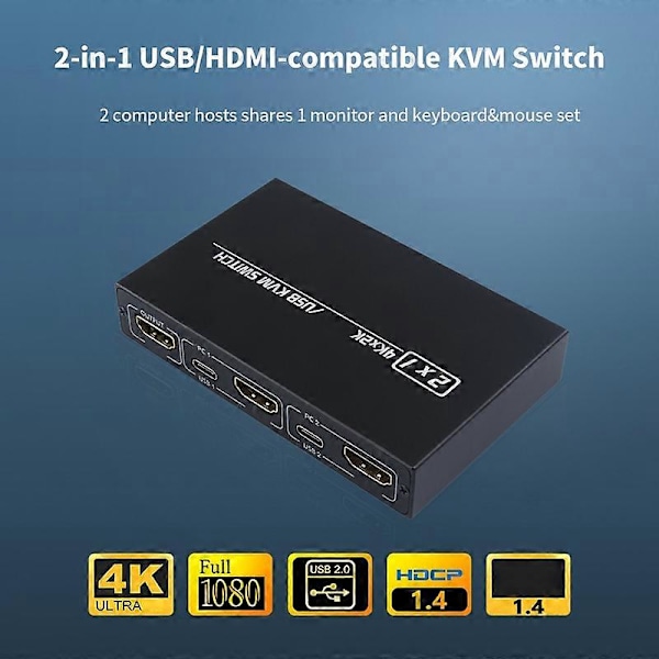 KVM Switch 2-i-1 Driverfri 4K Høj Opløsning Plug Play 2 Værter Deler 1 Skærm/Tastatur Mus HDMI-kompatibel/USB KVM Switch til Kontor