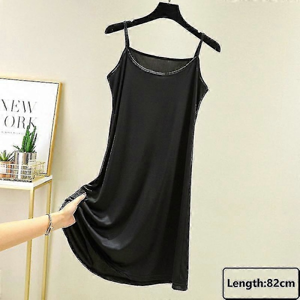 Sömlös hel underklänning under klänning dam sommar plus size ärmlös is silke underkjol underkjol sexig smal axelband nattlinne_h Black-82cm L Weight(55-65kg)