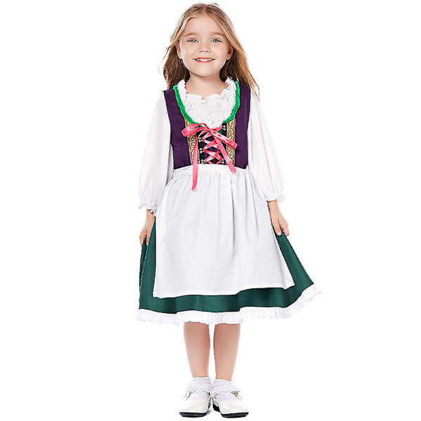 Färgglad Dirndl Oktoberfest Barn Kostym Alperna National Topp Klänning Cosplay Maskerad Party Klänning Karneval Halloween Green M