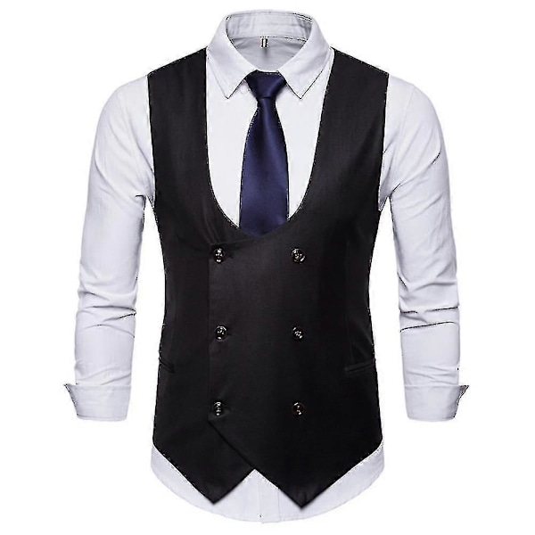 Jul Herr Solid U-ringad Dubbelknäppt Kostymväst Slim Fit Formell Väst Black XL